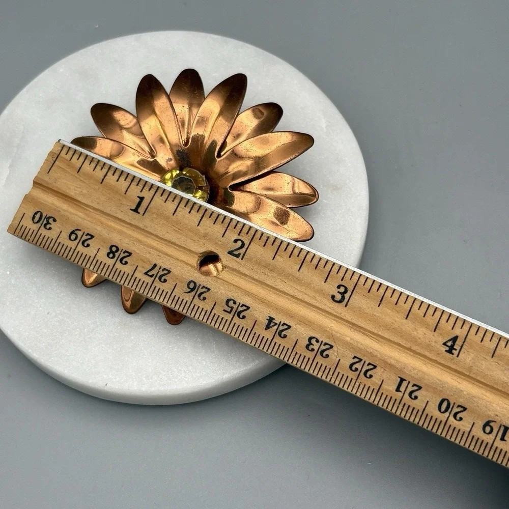 Vintage Copper Flower Brooch Pin Yellow Stone Daisy Dimensional Pop Art